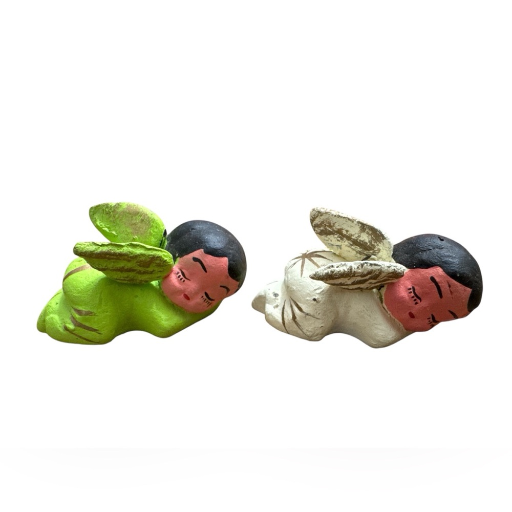 Mexican Made (2) Baby Angles Hand‎ Painted Clay Art Multicolored Pair Artistic
